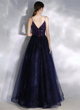 Solvbao Navy Blue V-neckline Sequins and Tulle Party Dress, A-line Blue Prom Dress