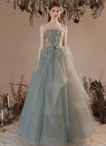 solvbao Light Green Tulle with Lace Long Junior Prom Dress, Green Formal Dresses