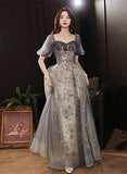 solvbao Elegant A-line  Grey Tulle Short Sleeves Long Party Dress, Grey Evening Dress