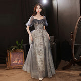 solvbao Elegant A-line  Grey Tulle Short Sleeves Long Party Dress, Grey Evening Dress