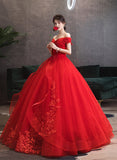 Solvbao Red Tulle Ball Gown with Lace Sweetheart Long Formal Dress, Red Tulle Evening Dress