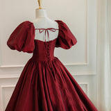 solvbao Wine Red Short Sleeves Floor Length Long Evening Dresses, Ball Gown Formal Dresses