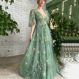 SOLVBAO European and American Evening Dress Foreign Trade Green Tulle Dance Dress Puff Sleeve V-neck Flower Floor-Length V-neck Sexy Long Dress