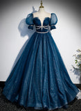 Solvbao Shiny Tulle Blue Short Sleeves Long Formal Dress, Blue Evening Prom Dress