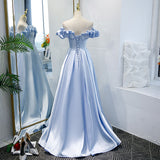 Solvbao Blue Satin Simple Off Shoulder Long Party Dress , A-line Light Blue Prom Dresses