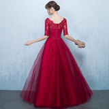 solvbao Wine Red 1/2 Sleeves Lace and Tulle Party Dress, Charming Dark Red Formal Gowns