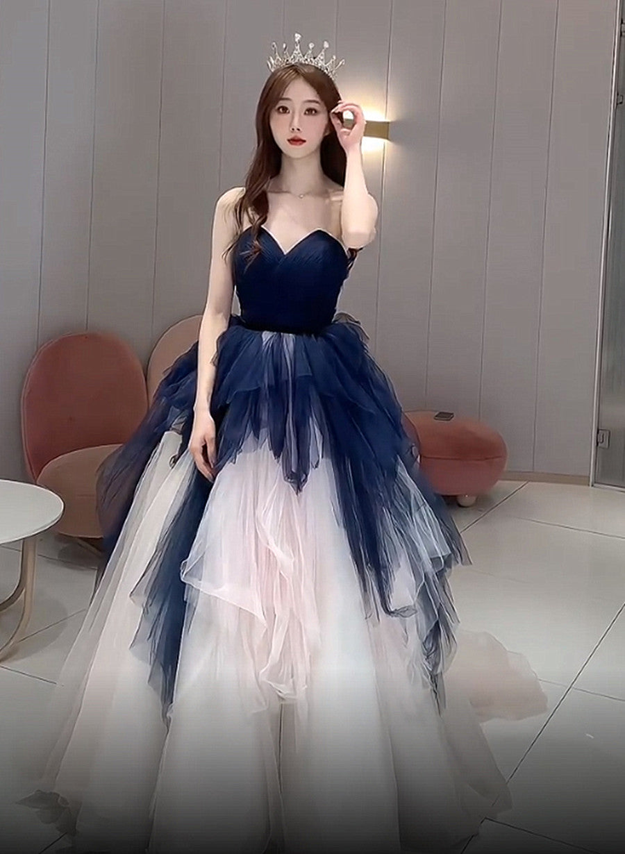 Solvbao Navy Blue and Ivory Tulle Sweetheart Formal Dress, Layers Tulle Prom Dress