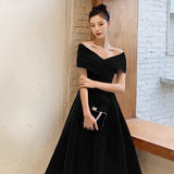 SOLVBAO Black Slimming Evening Dress Women's  Summer plus Size off-Shoulder Long Banquet Temperament Long Annual Meeting Dress