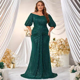 SOLVBAO Hot plus Size Formal Dress Sequin off Shoulder Short Sleeve Prom Party Dress Fishtail Dress-Fmgw462