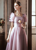 Solvbao Light Purple Tulle Long Formal Dress, A-line Tulle Short Sleeves Prom Dress