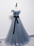 Solvbao Blue Shiny Tulle Off Shoulder Long Party Dress Party Dress, Blue Evening Gowns