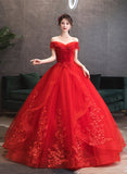 Solvbao Red Tulle Ball Gown with Lace Sweetheart Long Formal Dress, Red Tulle Evening Dress