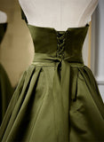 Solvbao Green Satin V-neckline Lace-up Long Wedding Party Dress, Green Evening Dress