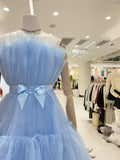 Solvbao Cute Short Blue Tulle Party Dress with Bow, Lovely Formal Dresses Homecoming Dress