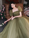 Solvbao Green Puffy Short Sleeves Tulle Prom Party Dress, Green Evening Dresses