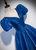 Solvbao Blue Satin V-neckline Short Sleeves Long Formal Dress, Blue Satin Prom Dress