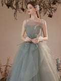 solvbao Light Green Tulle with Lace Long Junior Prom Dress, Green Formal Dresses