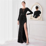 Banquet Host Dress Company Annual Meeting Red Carpet Evening Dress V-neck Long Sleeve Thin and Glittering Hem High Slit Long Dress for Women