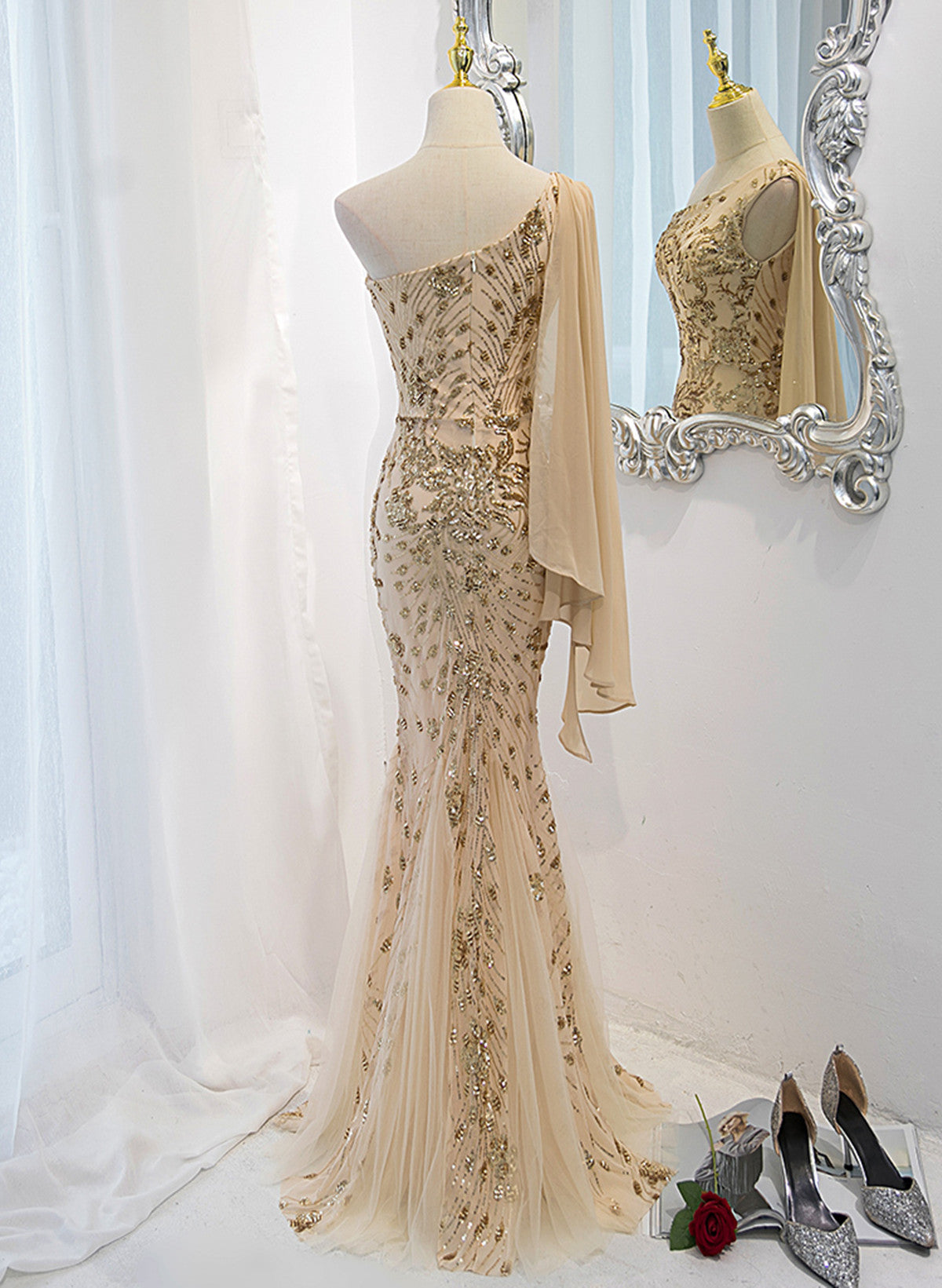 Solvbao Champagne Mermaid Long Party Dress, Champagne Sequins Prom Dress