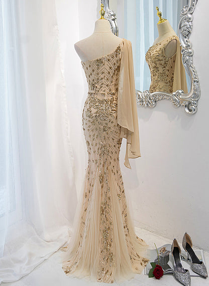 Solvbao Champagne Mermaid Long Party Dress, Champagne Sequins Prom Dress