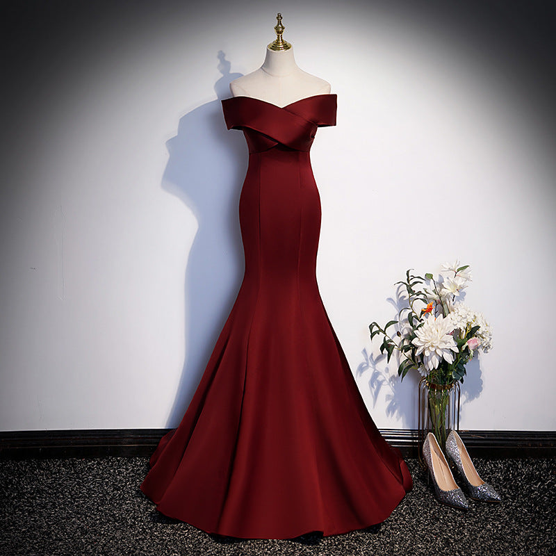 SOLVBAO Wine Red Fishtail Evening Dress for Women Bel Canto Solo Vocal Music Art Test Toast Annual Meeting Host off-Shoulder Light Wedding Dress