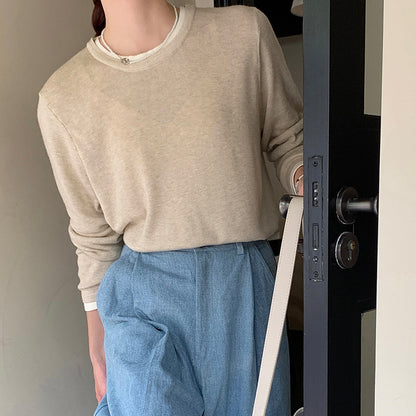 Regular contrasting color knitted sweater women's spring wool crew neck long-sleeved Korean top design sense fake two T-shirts