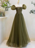 Solvbao Light Green Short Sleeves Tulle Sequins Long Junior Prom Dress, Green Party Dresses