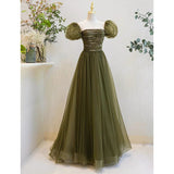 Solvbao Light Green Short Sleeves Tulle Sequins Long Junior Prom Dress, Green Party Dresses