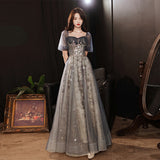 solvbao Elegant A-line  Grey Tulle Short Sleeves Long Party Dress, Grey Evening Dress