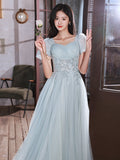 Solvbao Light Blue Short Sleeves Beaded Tulle Long Formal Dress, Blue A-line Prom Dresses