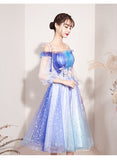 Solvbao Beautiful Gradient Blue Sparkle Short Prom Dress, Off Shoulder Tulle Homecoming Dress