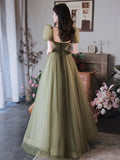 Solvbao Green Puffy Short Sleeves Tulle Prom Party Dress, Green Evening Dresses