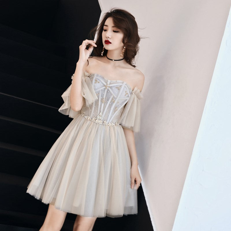 Solvbao Lovely Short Off Shoulder Grey Party Dress, Homecoming Dress