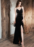 Solvbao Black Straps Mermaid Velvet Long Party Dress with Leg Slit, Black Long Prom Dress