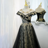 solvbao Beautiful Black Off Shoulder A-line Party Dress with Gold Lace, Black Evening Dresses Prom Dress