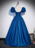 Solvbao Blue Satin V-neckline Short Sleeves Long Formal Dress, Blue Satin Prom Dress