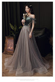 Solvbao Beautiful Off Shoulder Velvet and Tulle Long Party Dress, A-line Evening Dress Prom Dresse