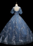 Solvbao Blue Ball Gown Short Sleeves Tulle Long Party Dress, Blue Tulle Prom Dress