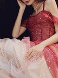 Solvbao Red Gradient Tulle Sweetheart Beaded Straps Prom Dres, Red Long Formal Dress