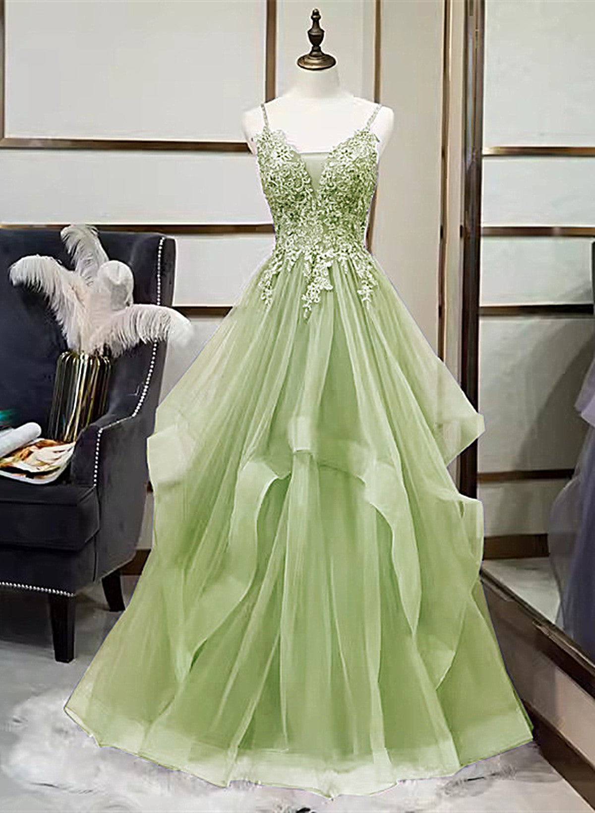 Solvbao A-line Tulle with Lace Applique Straps Long Party Dress, Green Tulle Prom Dress