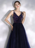 Solvbao Navy Blue V-neckline Sequins and Tulle Party Dress, A-line Blue Prom Dress