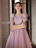 Solvbao Light Purple Tulle Long Formal Dress, A-line Tulle Short Sleeves Prom Dress