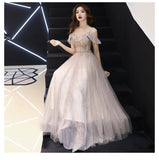 solvbao Dark Champagne Off Shoulder Floor Length Party Dress, Straps Junior Prom Dress