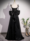 solvbao Black Satin A-line Floor Length Prom Dress, Black Satin Long Evening Dress