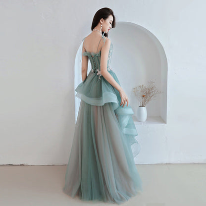 Solvbao Unique A-line Long Straps Tulle Layers Green and Pink Evening Dress, Long Prom Dress Party Dress