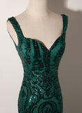 solvbao Dark Green Mermaid Tulle with Sequins Straps Party Dress, Mermaid Long Formal Dress