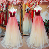 Solvbao Beautiful Dark Red Tulle Long Party Gown, Straps Gradient Prom Dress