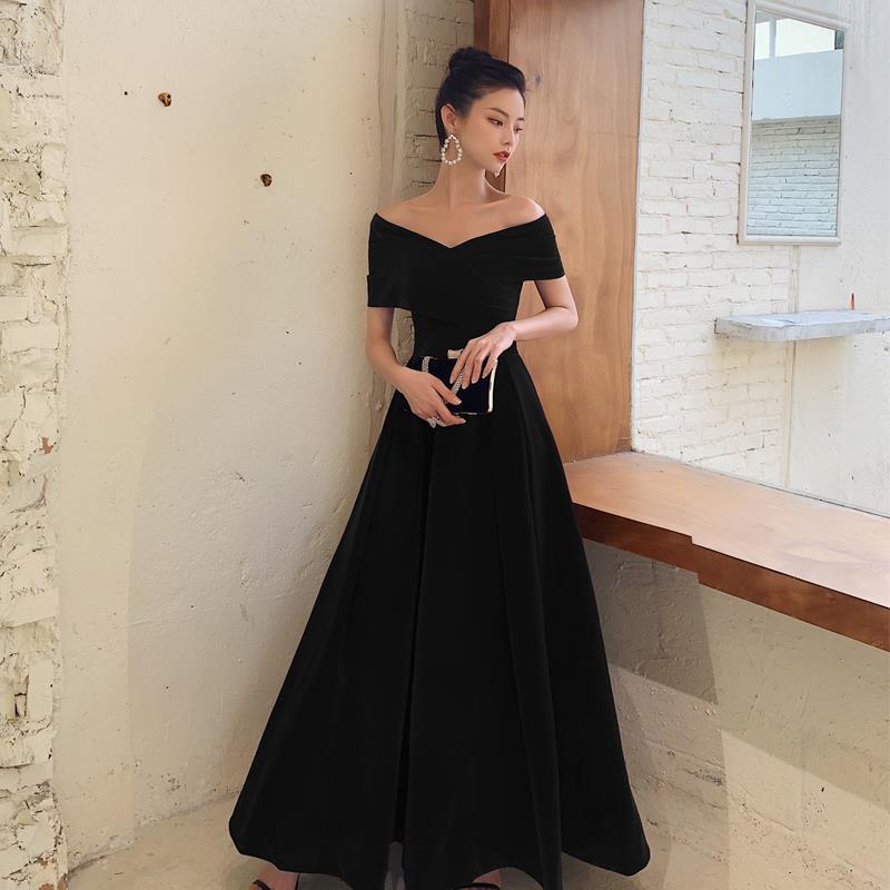 SOLVBAO Black Slimming Evening Dress Women's  Summer plus Size off-Shoulder Long Banquet Temperament Long Annual Meeting Dress