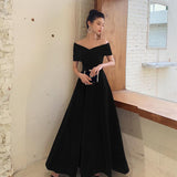 SOLVBAO Black Slimming Evening Dress Women's  Summer plus Size off-Shoulder Long Banquet Temperament Long Annual Meeting Dress