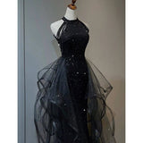 solvbao Black Halter Shiny Tulle Long Party Dress with Beadings, Black Tulle Prom Dress